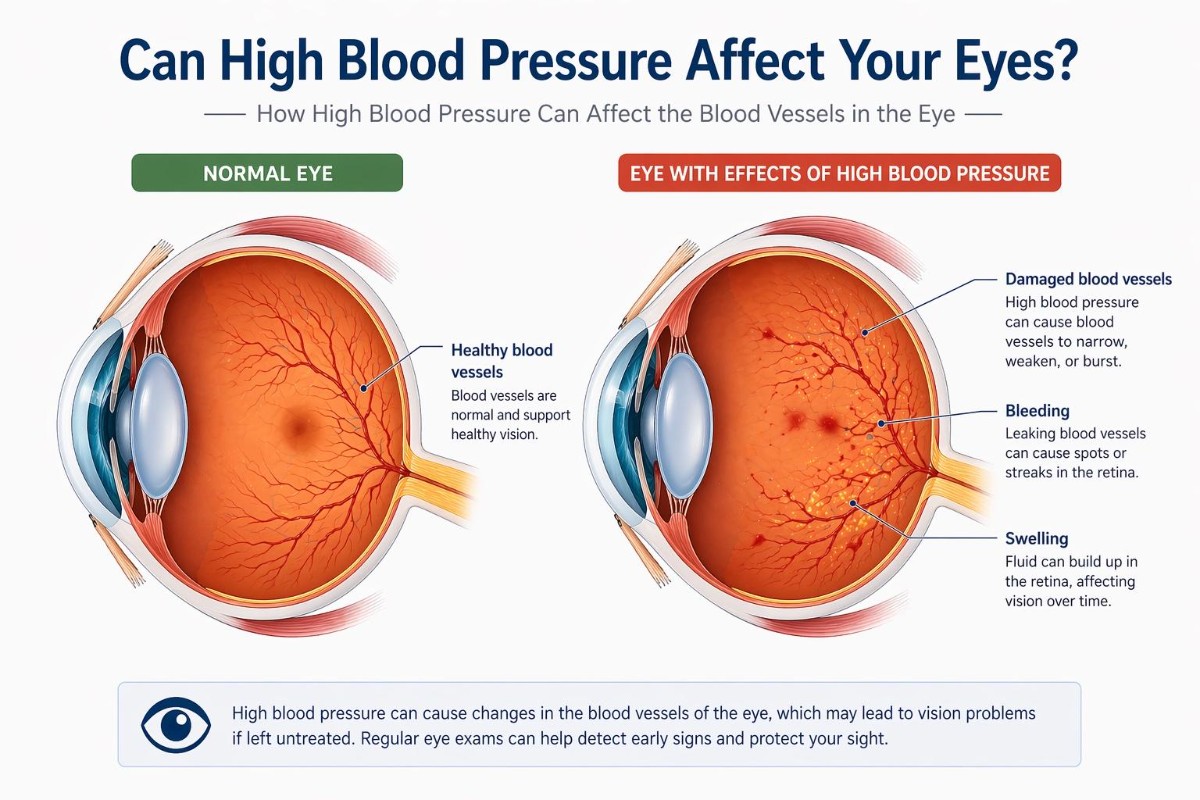 Comparison of normal eye v eye with effects of high blood pressure cross section.