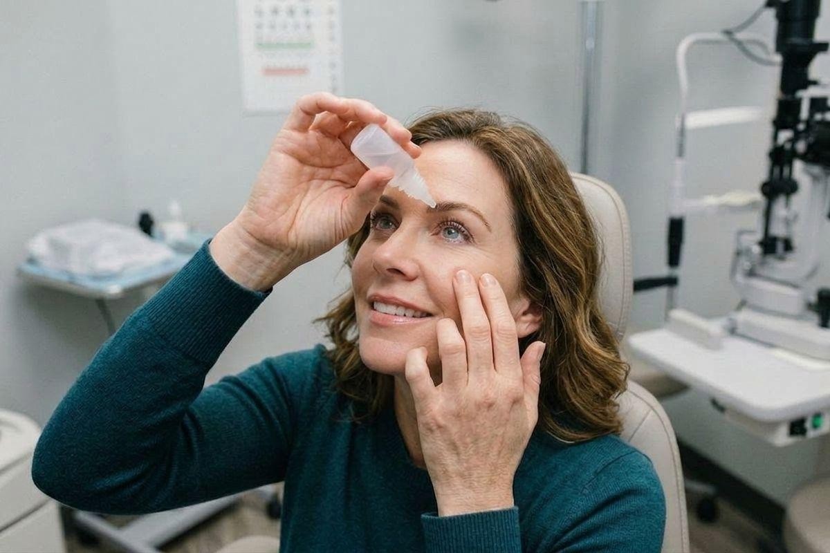 Adult applying eye drops to their eye while seated in an eye exam chair smiling