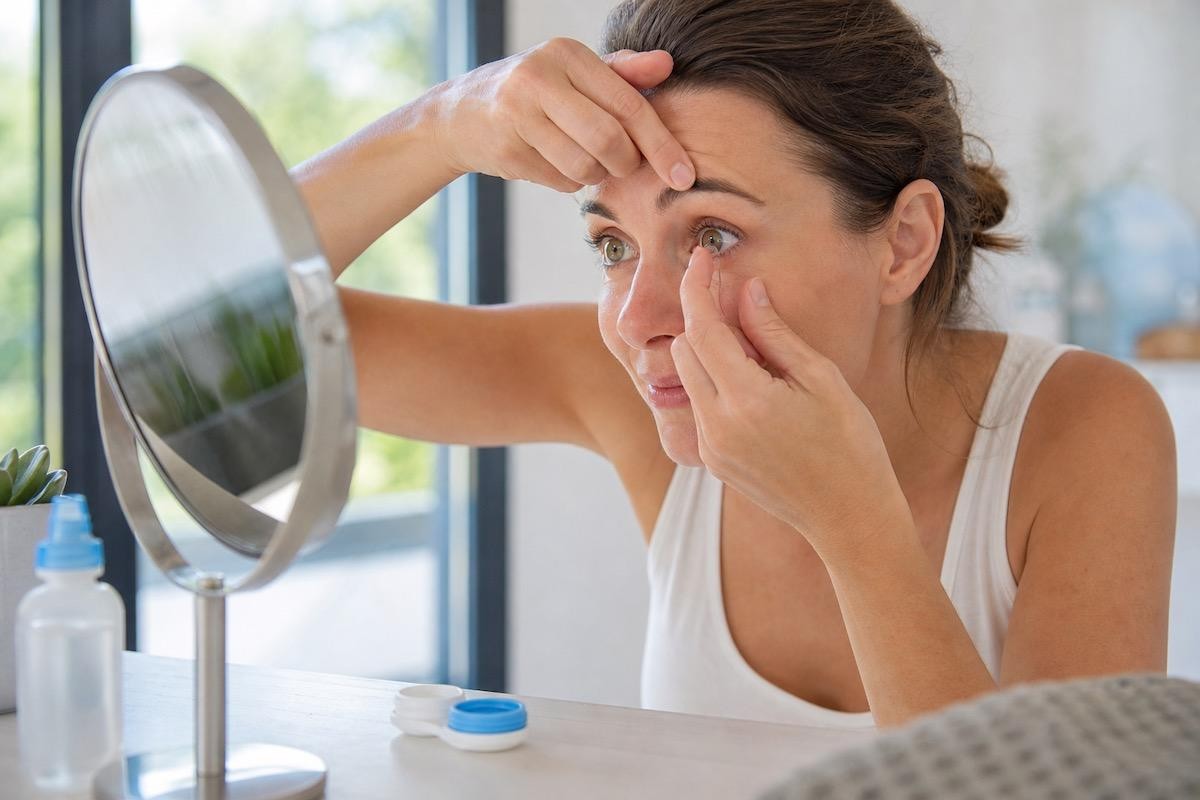 Woman putting in contact lenses.