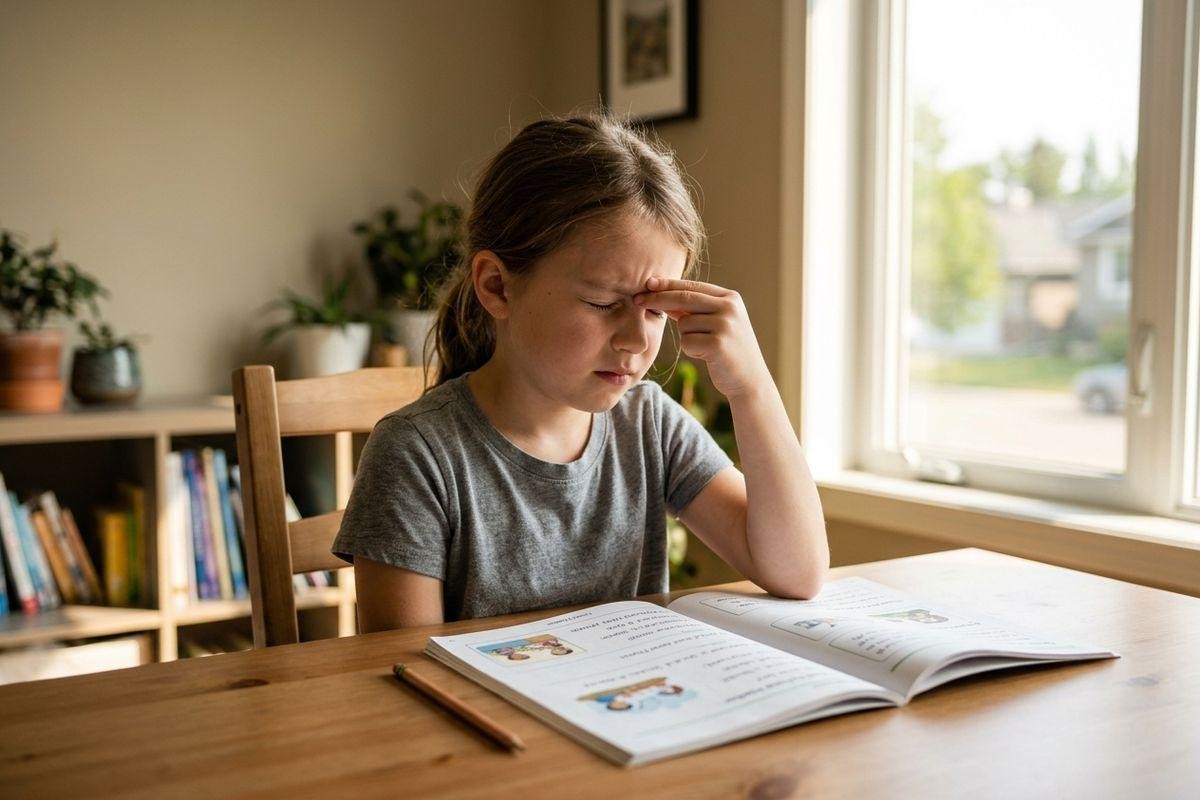 Child sitting at a table, dealing with a headache while looking down at an open workbook.