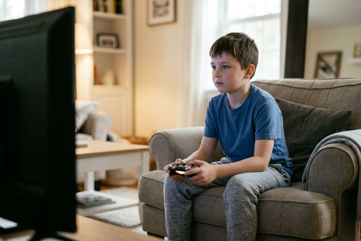 Child sitting on an armchair in a living room holding a game controller and look